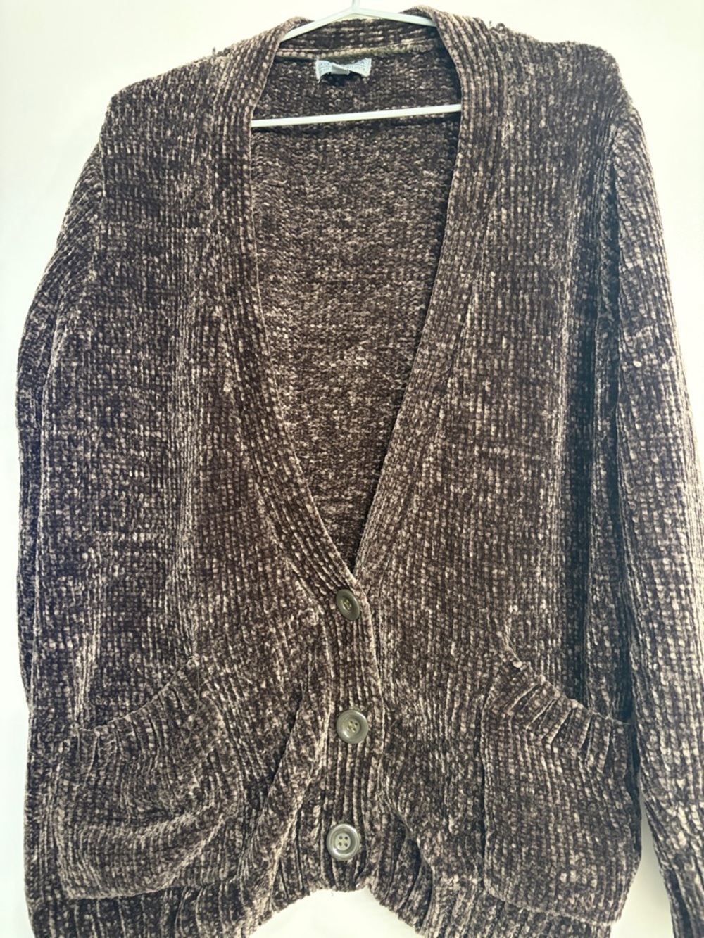 Chenille V-Neck Button Front Sweater Cardigan - Brown